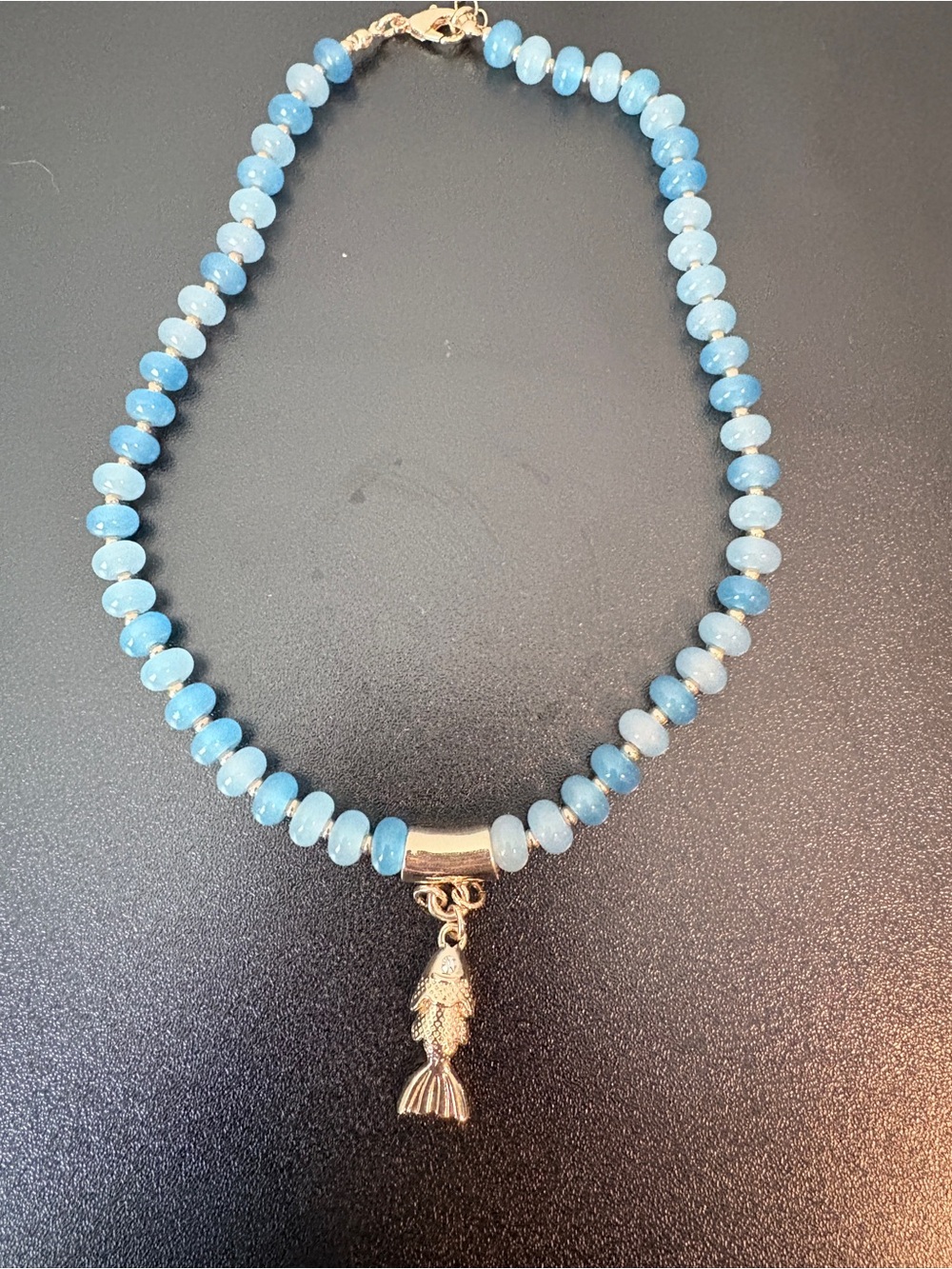 T.J.Maxx Light and Aqua Blue Beaded Necklace with Gold Fish Charm